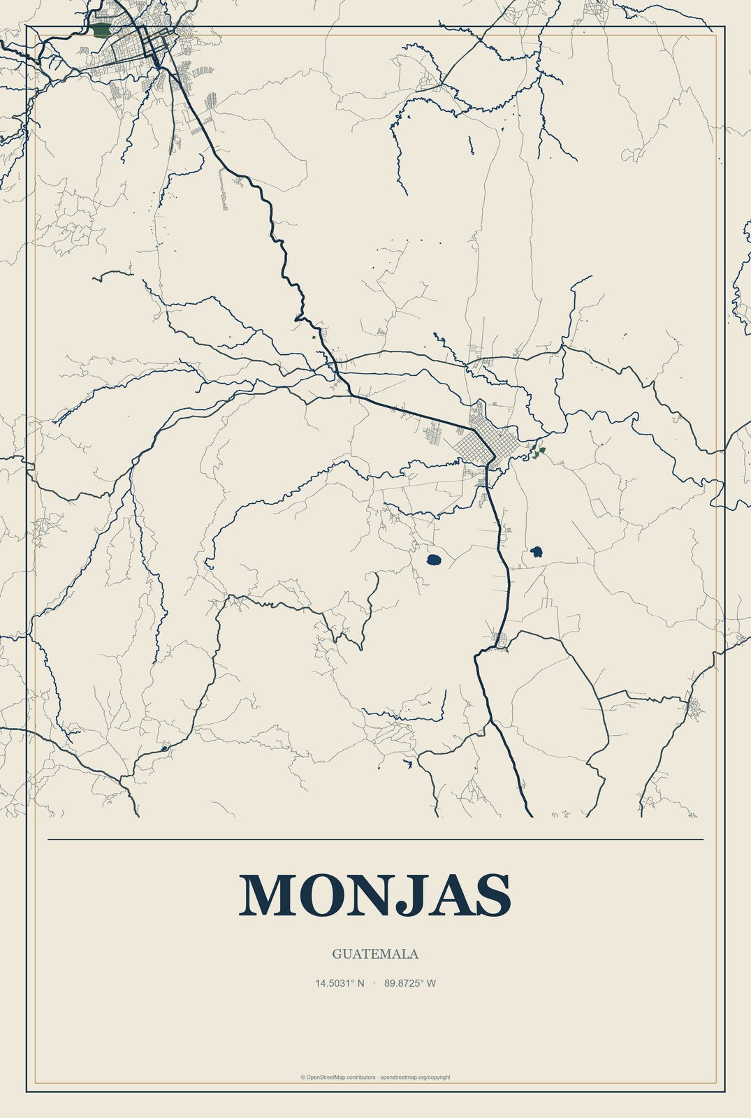 Monjas, Guatemala City Map Aluminum Sign in Coastal Cutout style