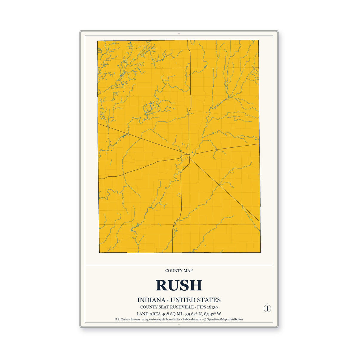 Rush County, Indiana Map Aluminum Sign in Citrine Modern style