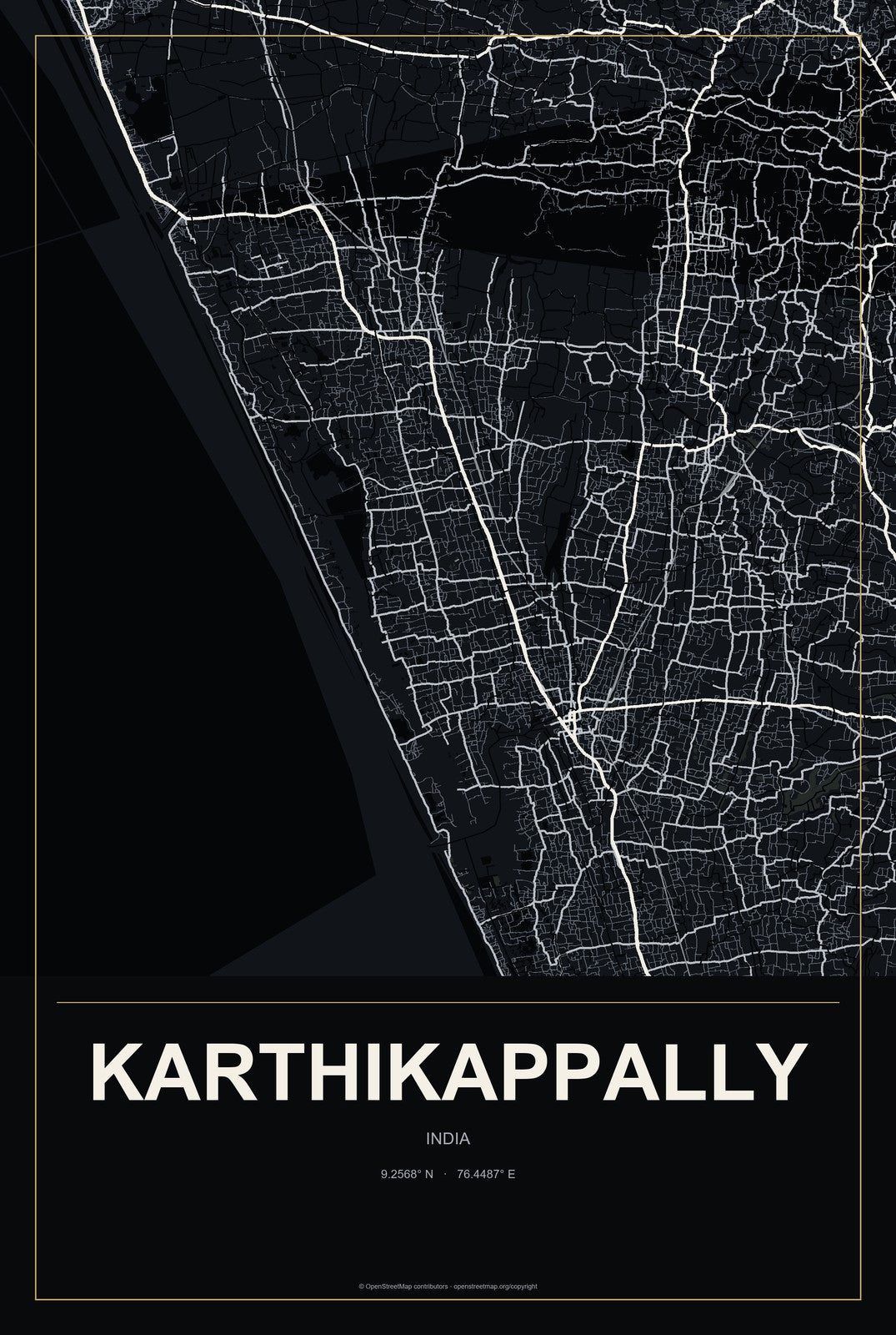 Karthikappally, India City Map Aluminum Sign in Metropolitan Noir style