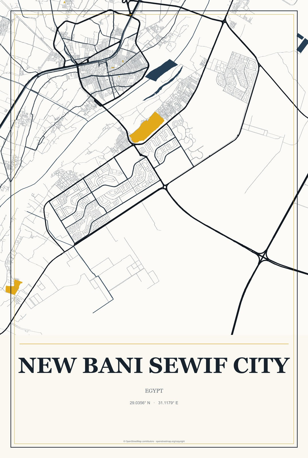 New Bani Sewif City, Egypt City Map Aluminum Sign in Citrine Modern style