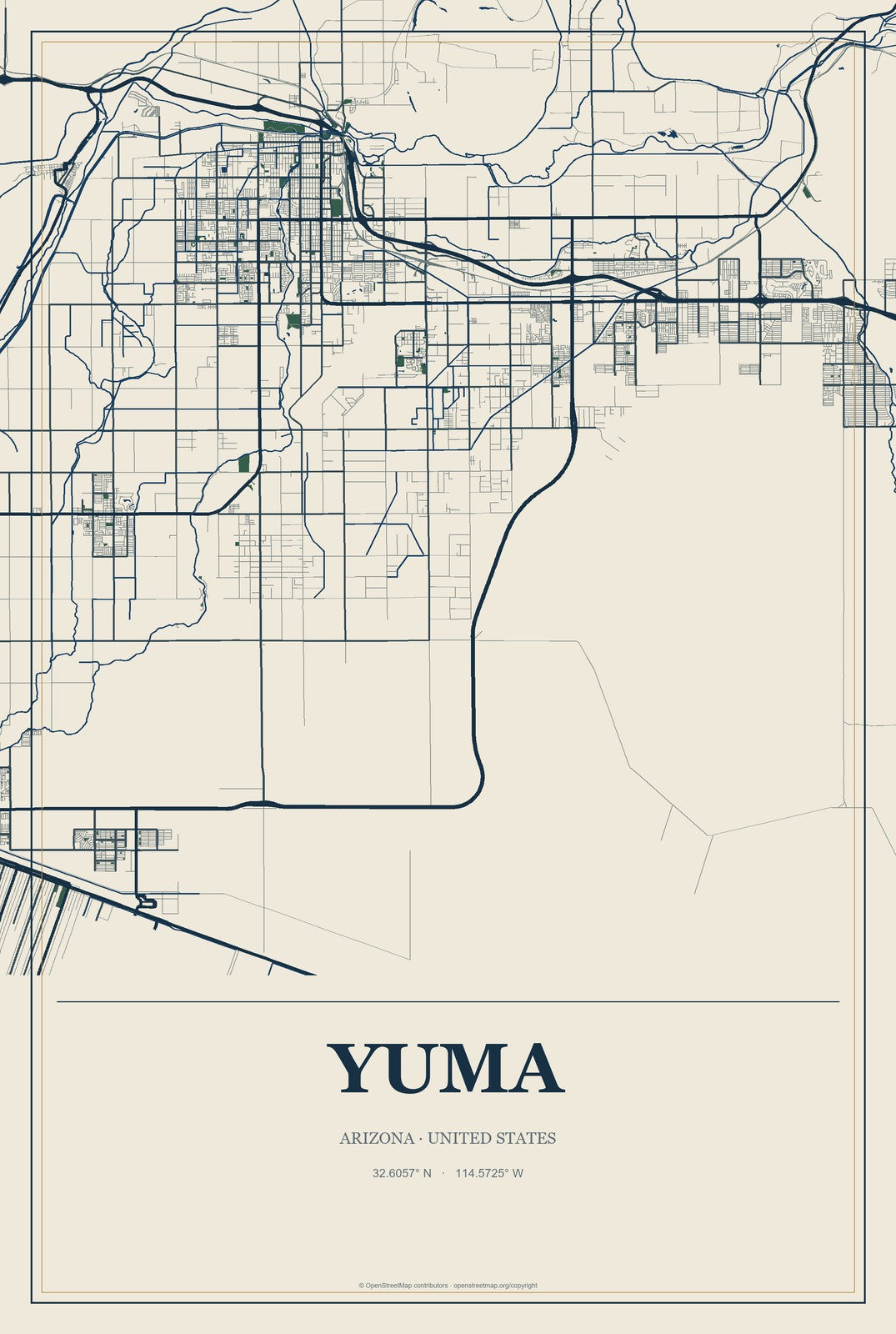 Yuma, Arizona City Map Aluminum Sign in Coastal Cutout style