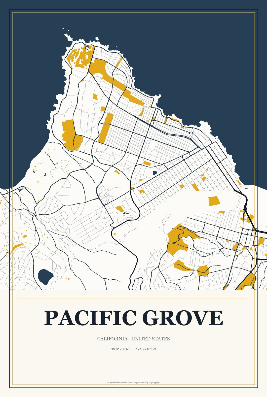 Pacific Grove, California City Map Aluminum Sign in Citrine Modern style