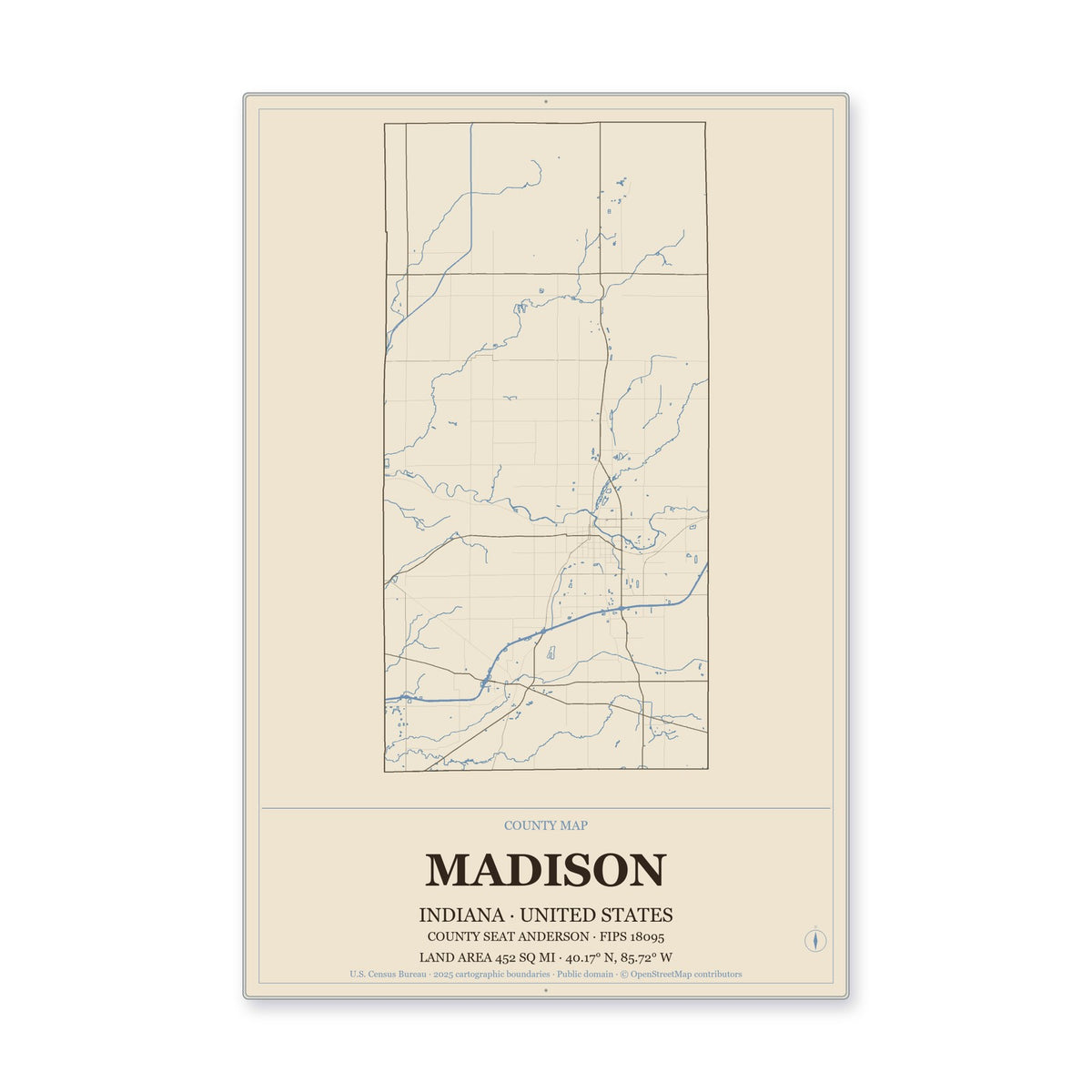 Madison County, Indiana Map Aluminum Sign in Heritage Nautical style