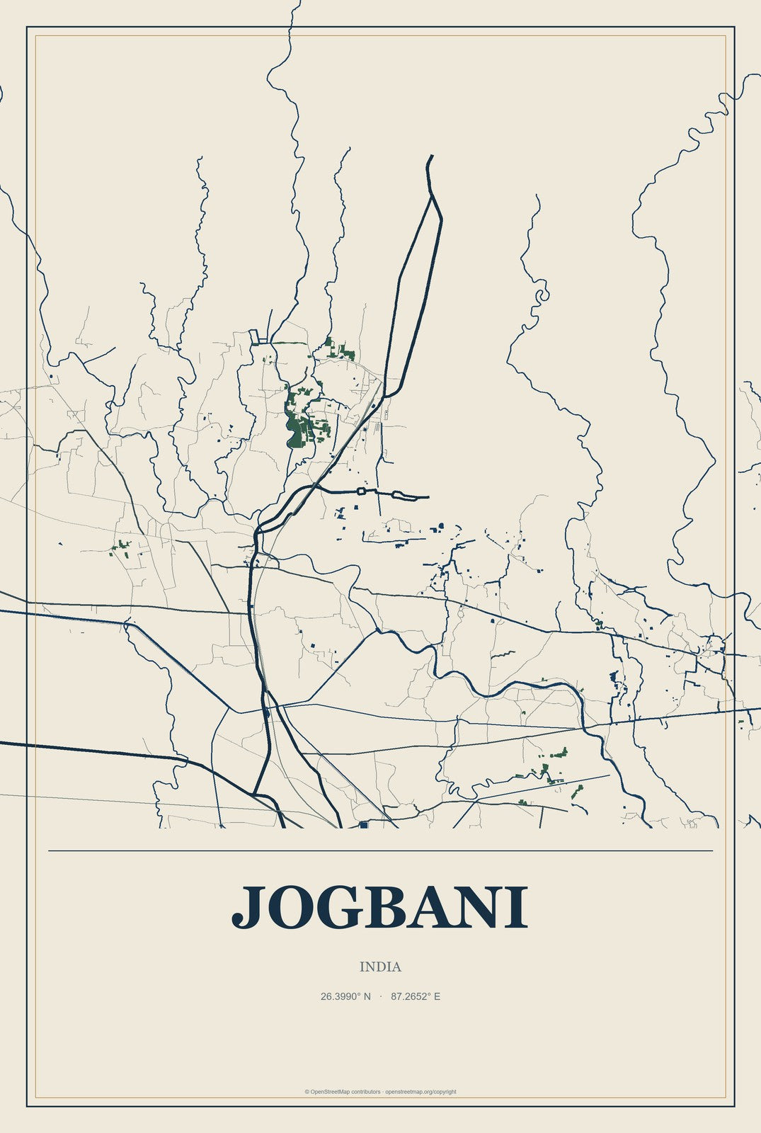 Jogbani, India City Map Aluminum Sign in Coastal Cutout style