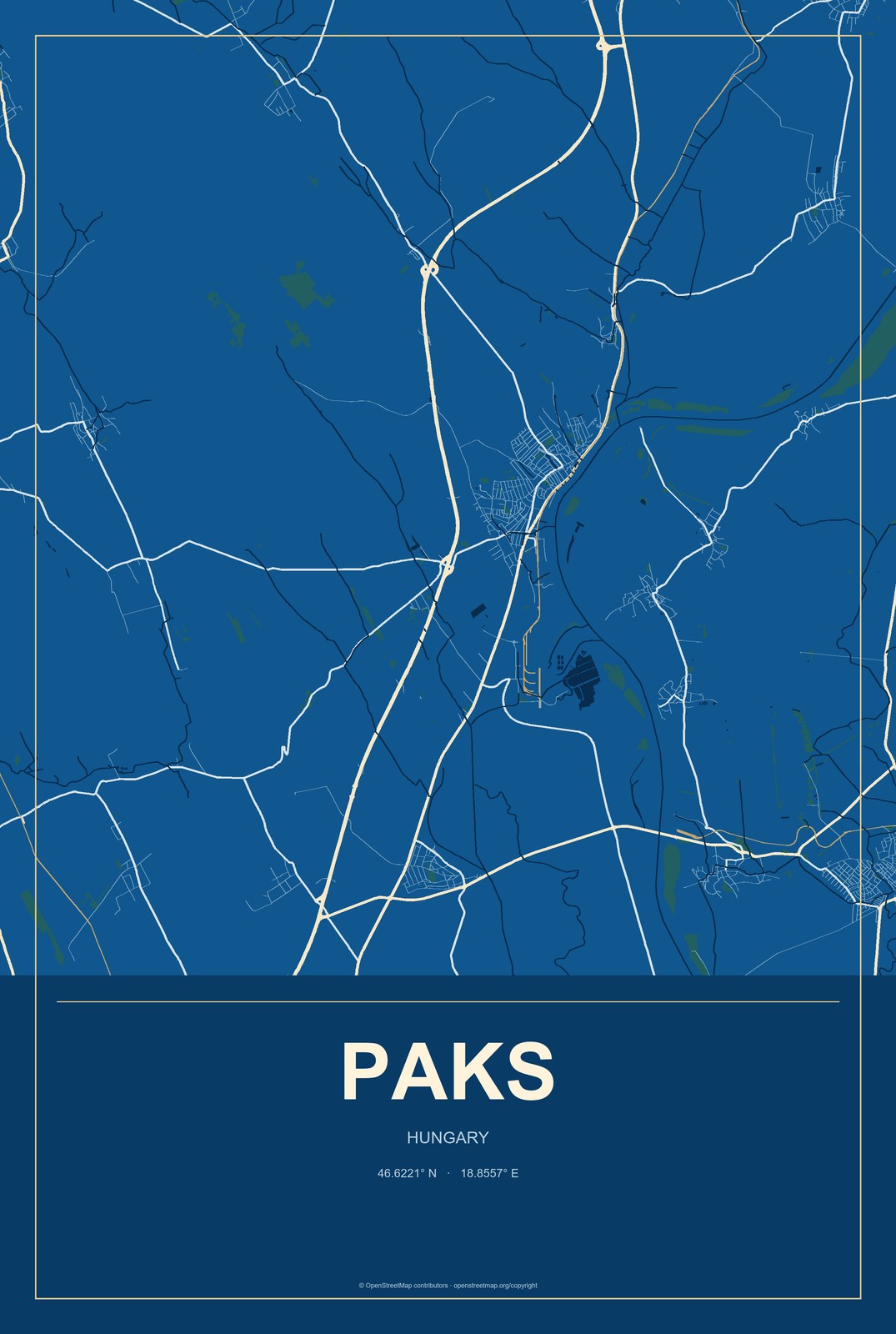 Paks, Hungary City Map Aluminum Sign in Harbor Cobalt style
