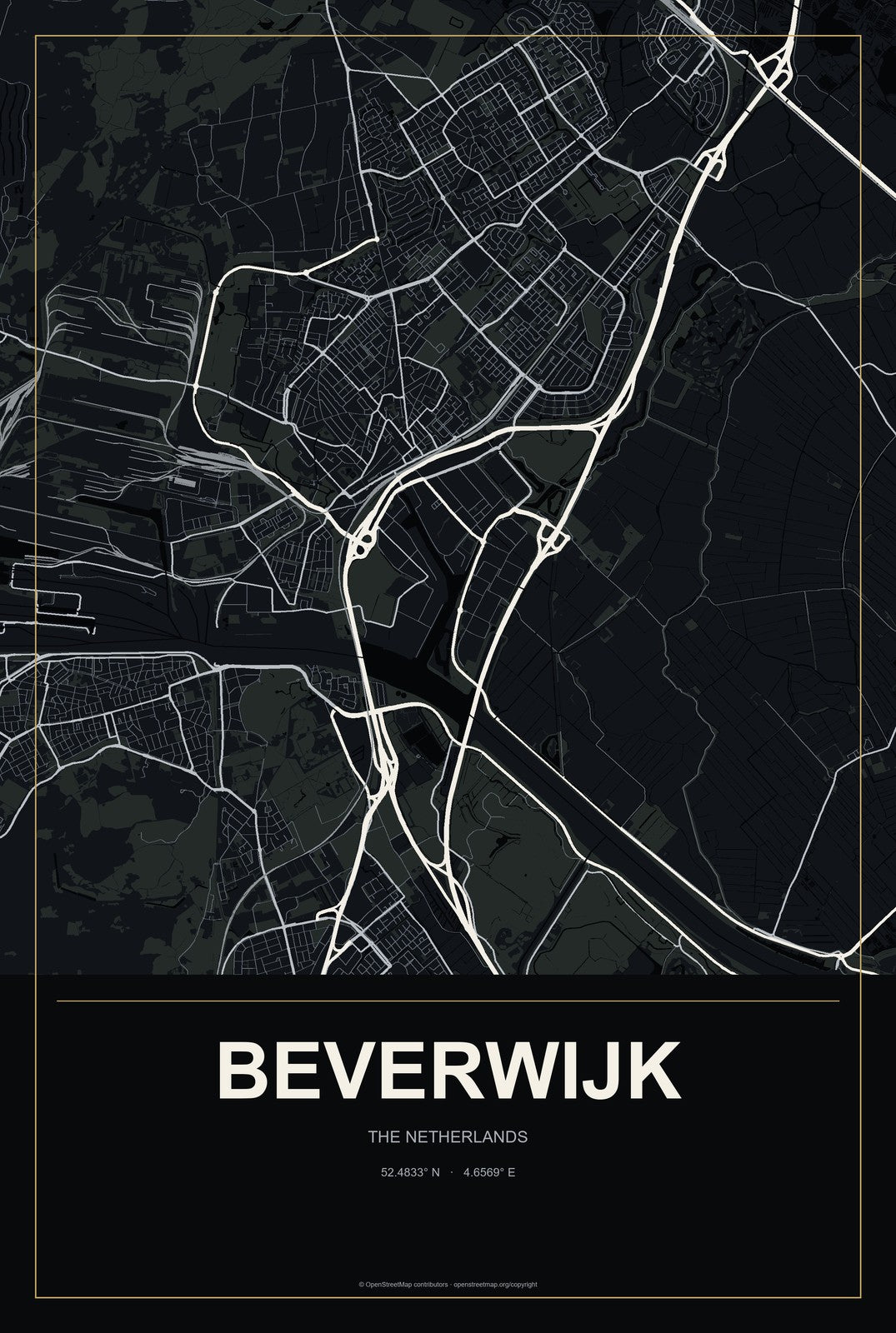 Beverwijk, The Netherlands City Map Aluminum Sign in Metropolitan Noir style