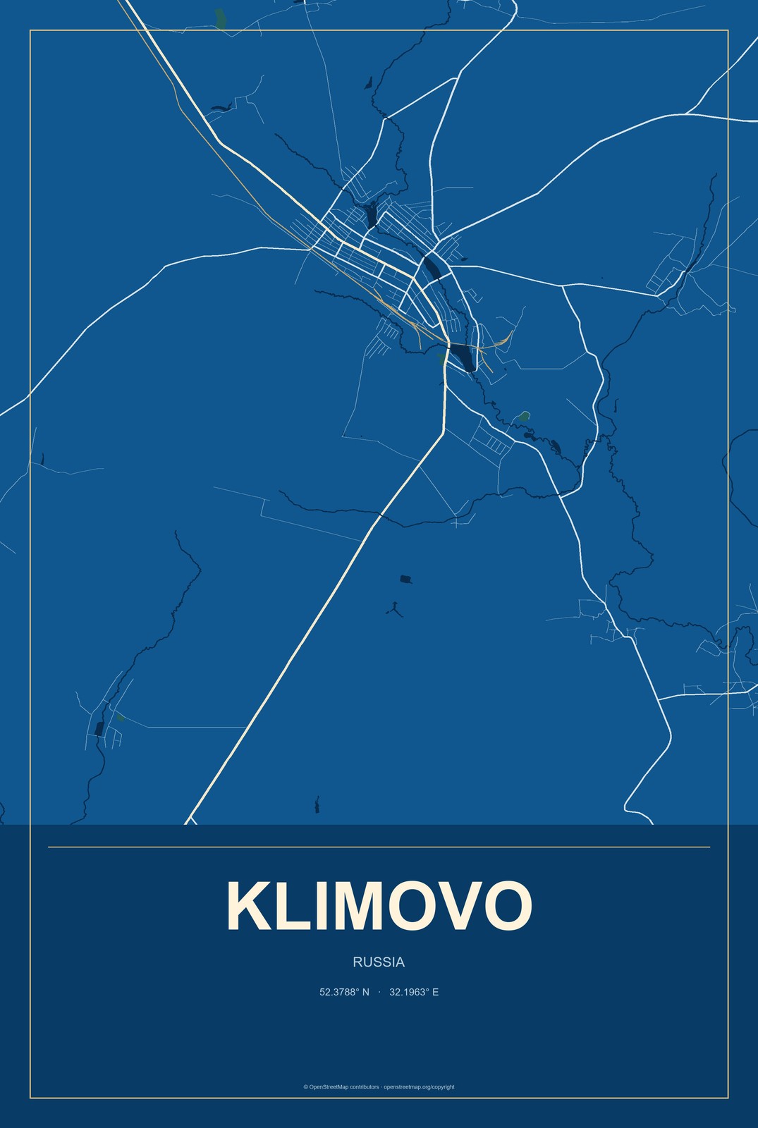 Klimovo, Russia City Map Aluminum Sign in Harbor Cobalt style
