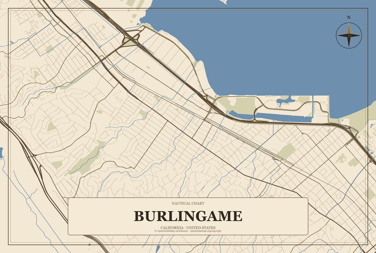 Burlingame, California City Map Aluminum Sign in Heritage Nautical style
