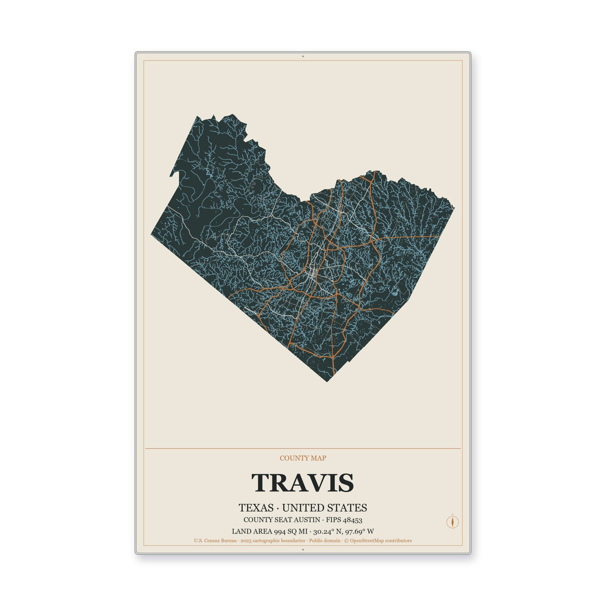 Travis County, Texas Map Aluminum Sign in Headline Atlas style