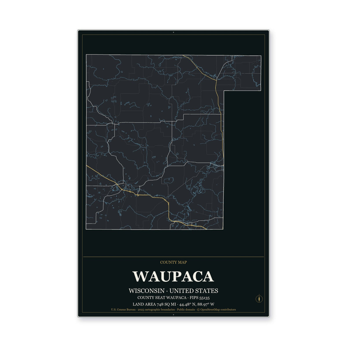 Waupaca County, Wisconsin Map Aluminum Sign in Metropolitan Noir style