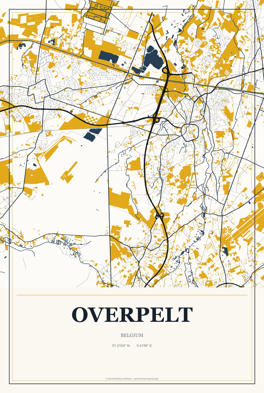 Overpelt, Belgium City Map Aluminum Sign in Citrine Modern style