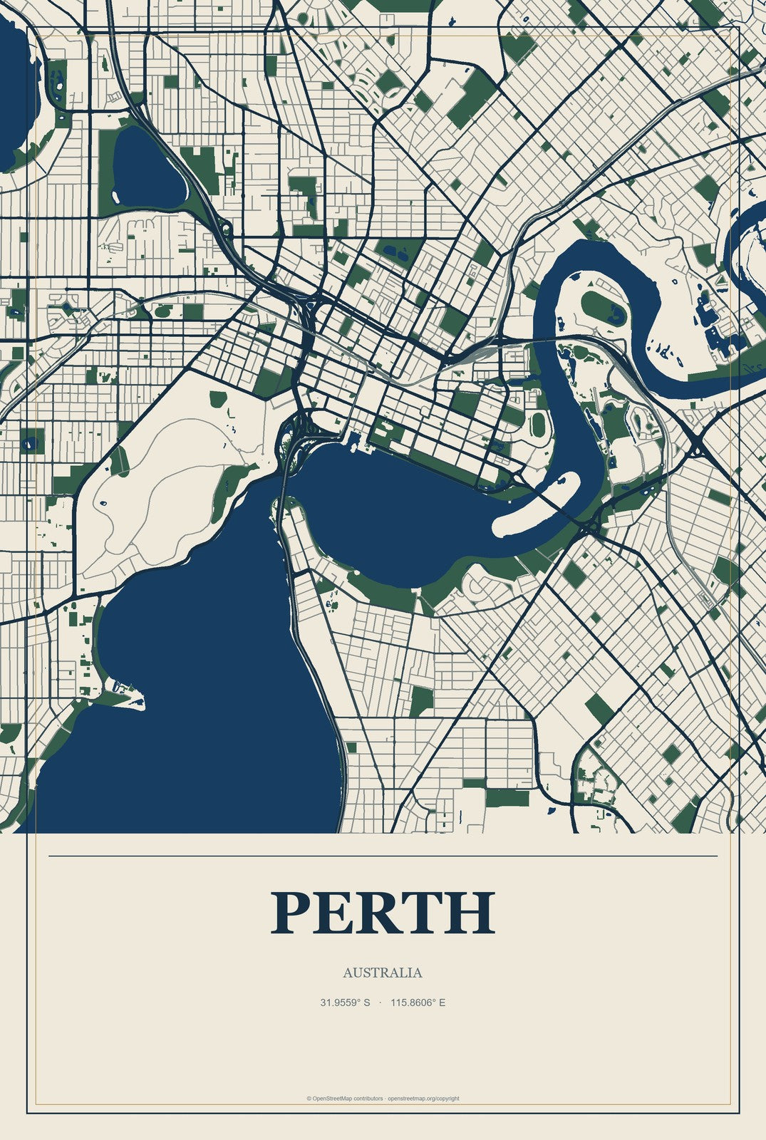 Perth, Australia City Map Aluminum Sign in Coastal Cutout style