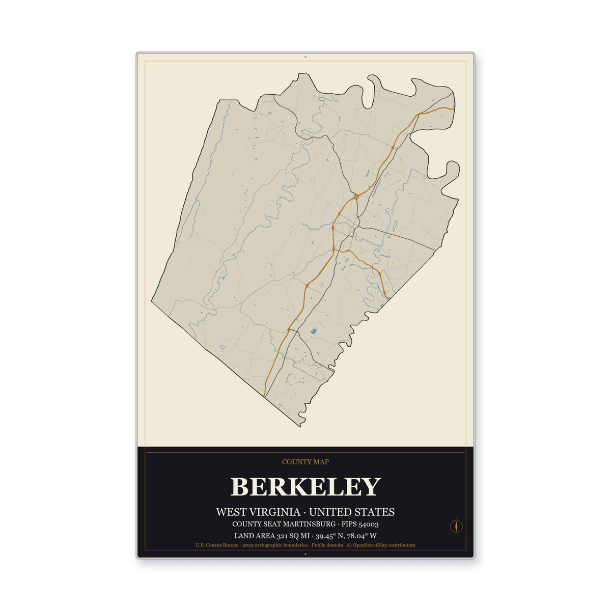 Berkeley County, West Virginia Map Aluminum Sign in Museum Plaque style