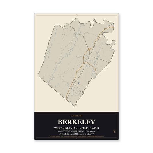 Berkeley County, West Virginia Map Aluminum Sign in Museum Plaque style