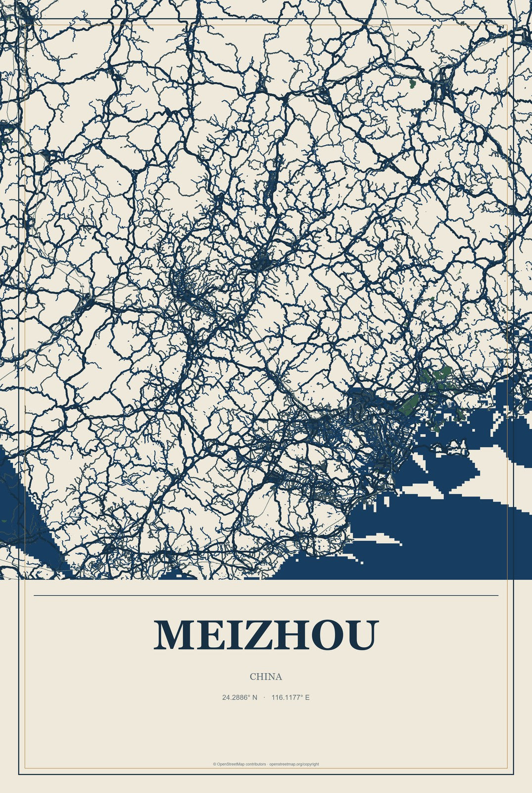 Meizhou, China City Map Aluminum Sign in Coastal Cutout style