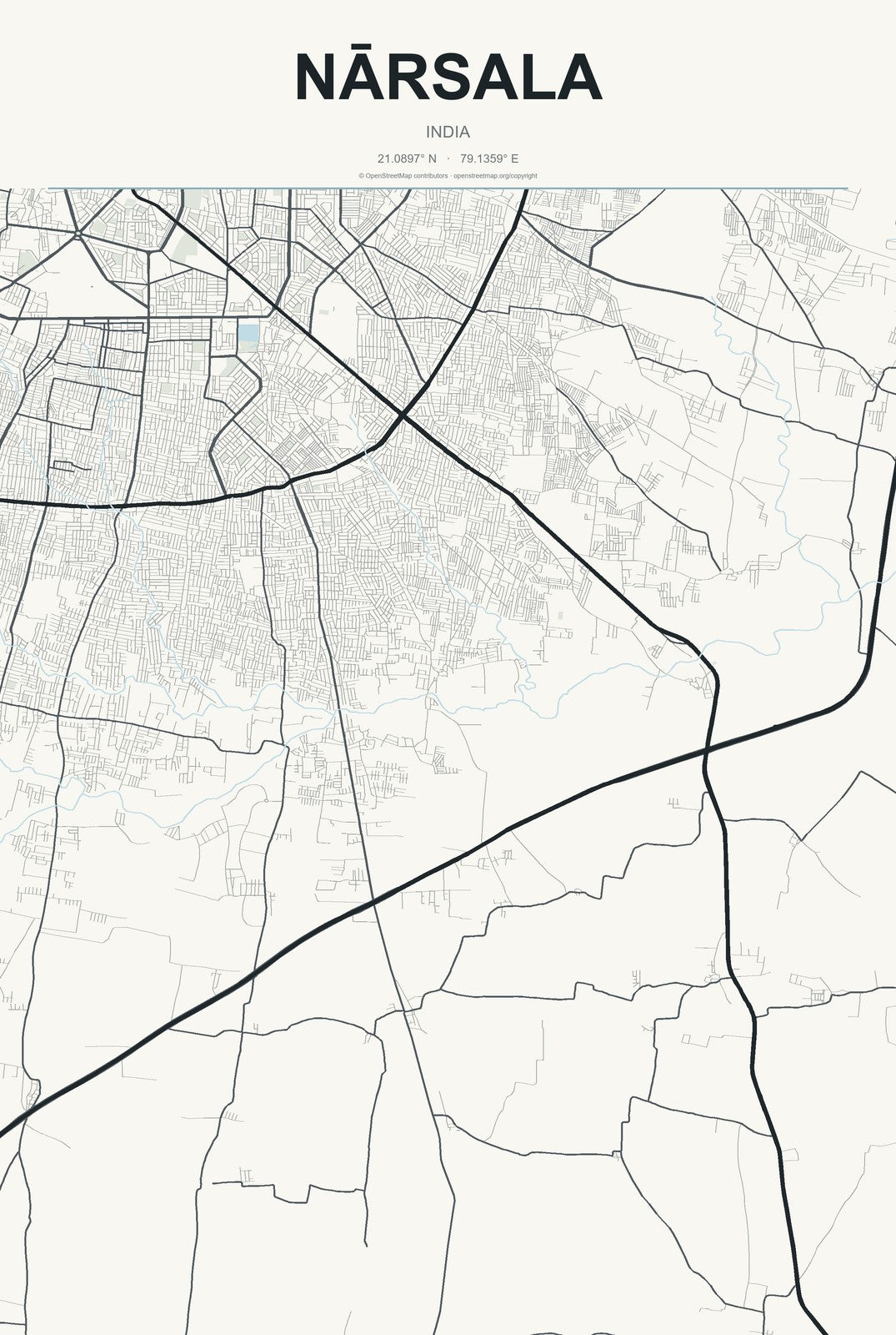 Nārsala, India City Map Aluminum Sign in Headline Atlas style