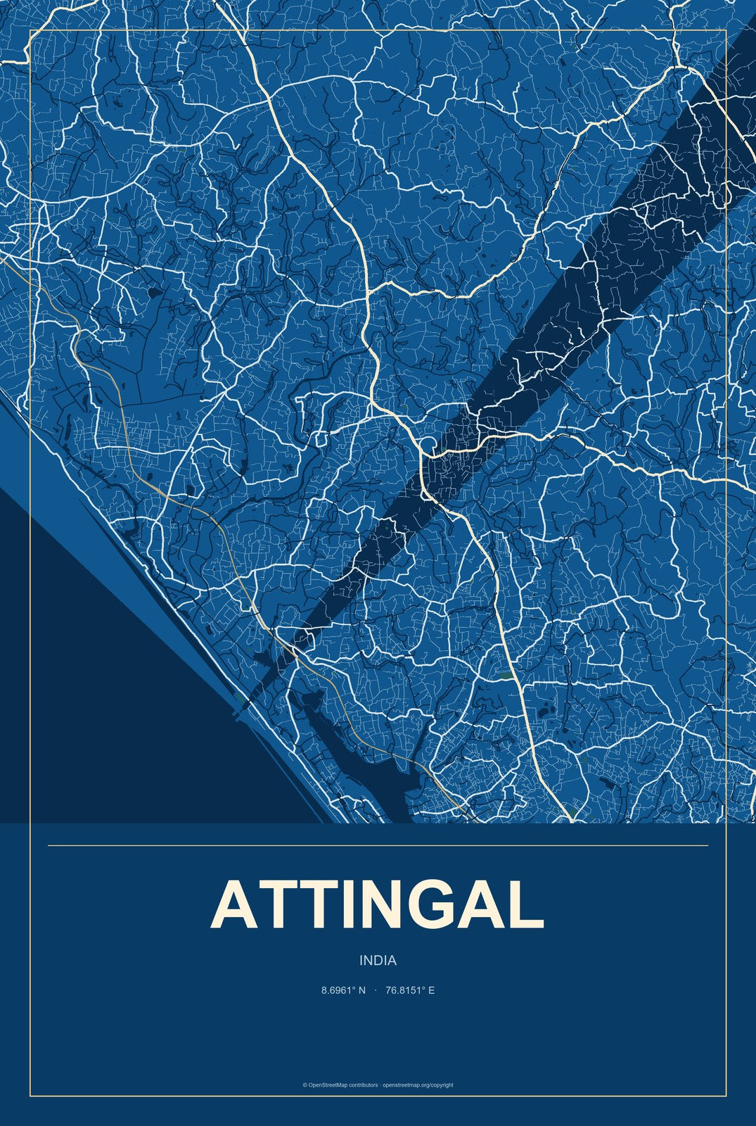 Attingal, India City Map Aluminum Sign in Harbor Cobalt style