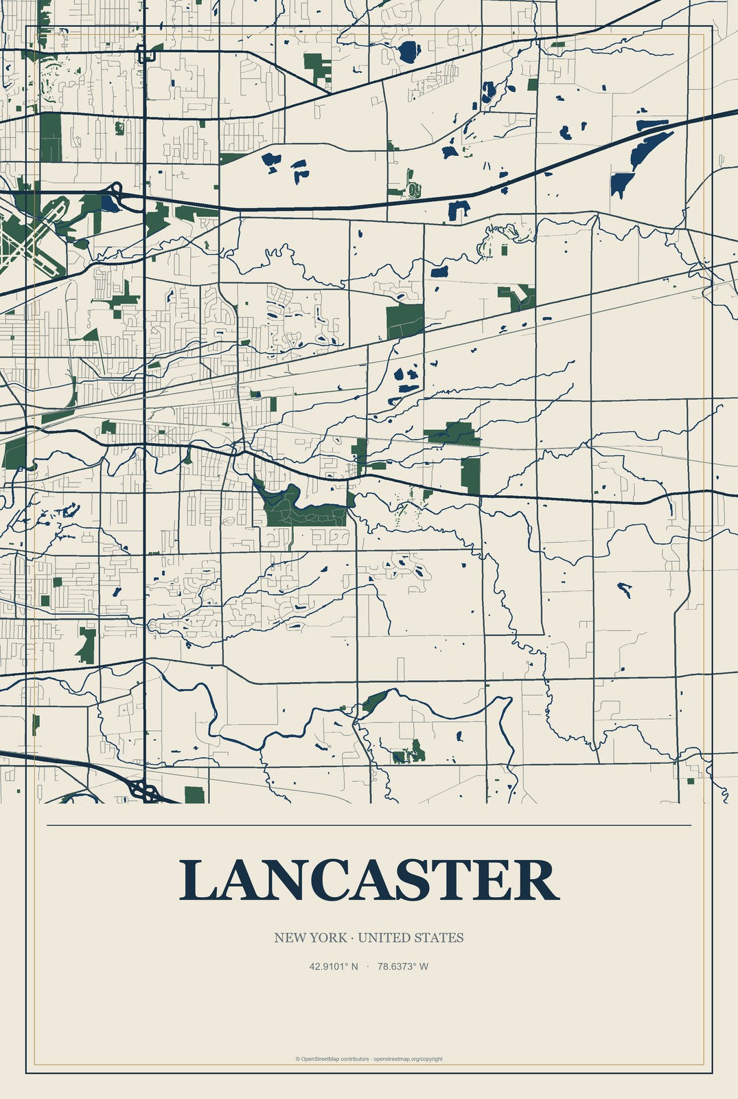 Lancaster, New York City Map Aluminum Sign in Coastal Cutout style