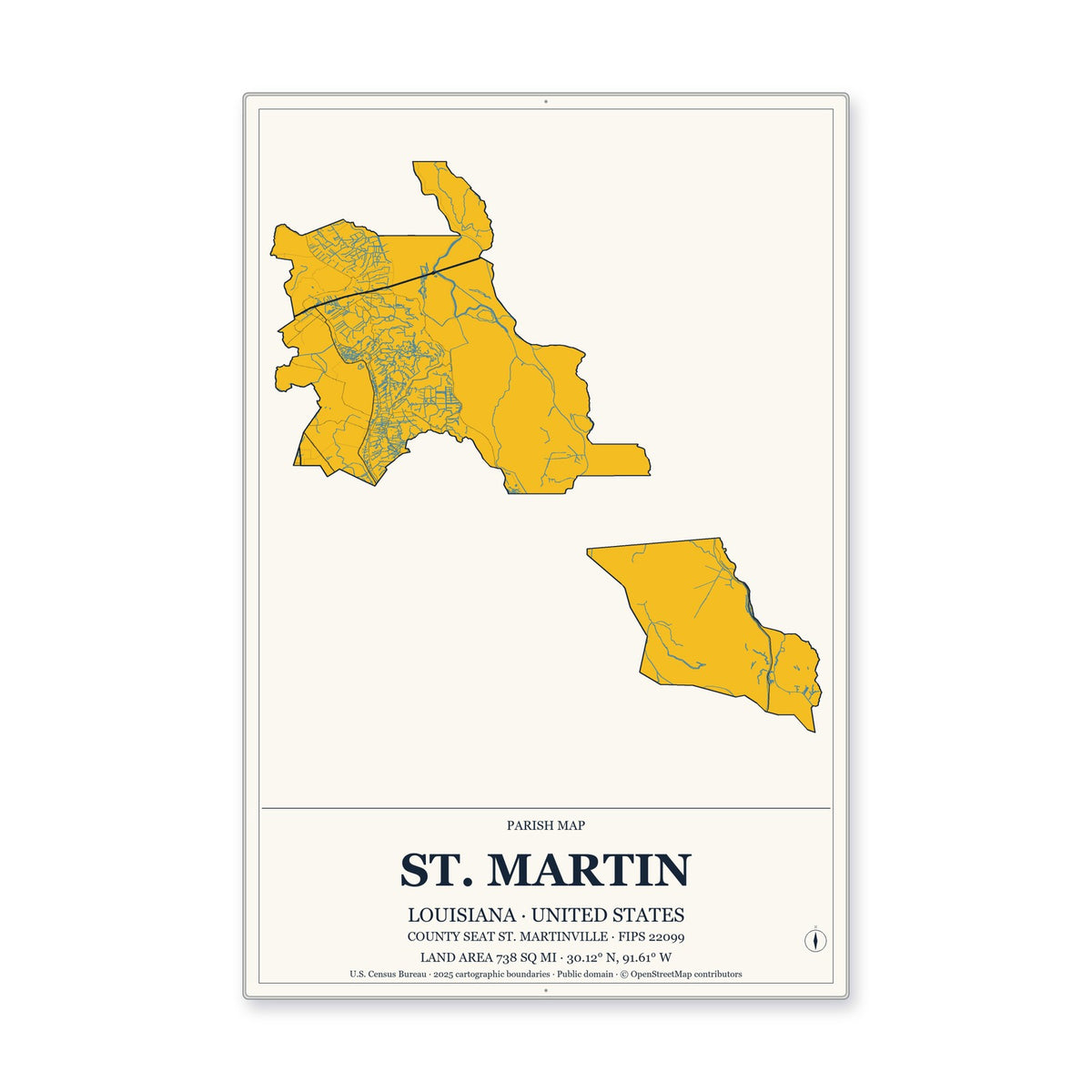 St. Martin Parish, Louisiana Map Aluminum Sign in Citrine Modern style