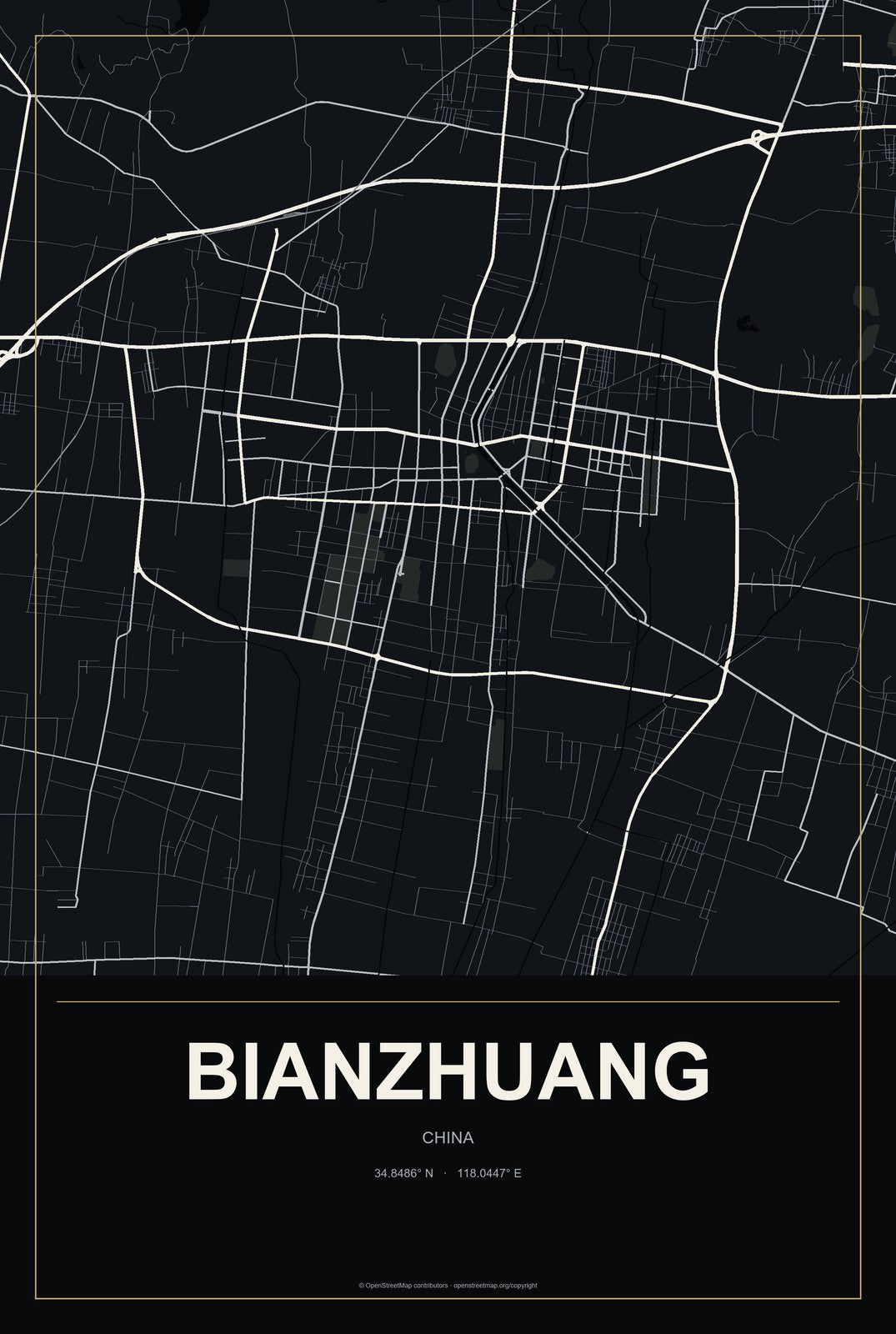 Bianzhuang, China City Map Aluminum Sign in Metropolitan Noir style