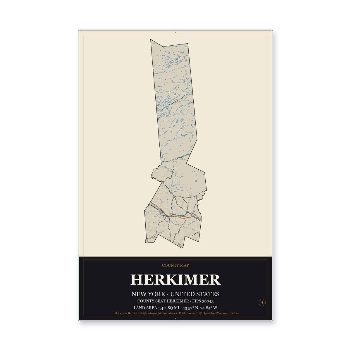 Herkimer County, New York Map Aluminum Sign in Museum Plaque style