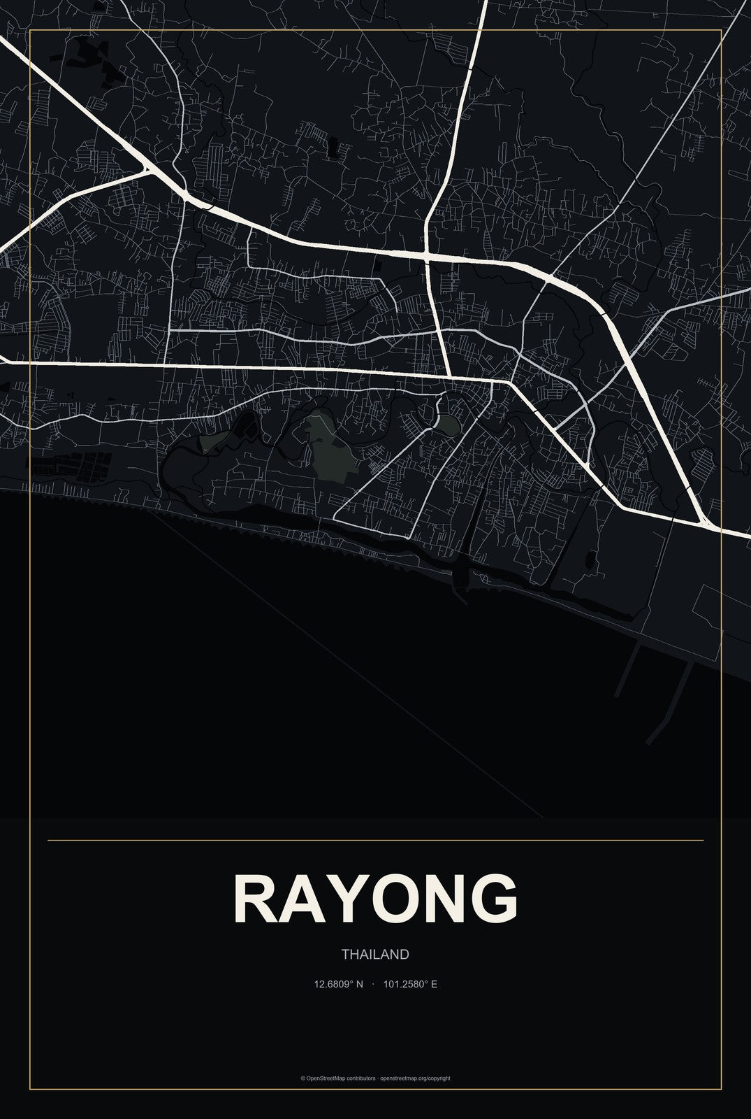 Rayong, Thailand City Map Aluminum Sign in Metropolitan Noir style