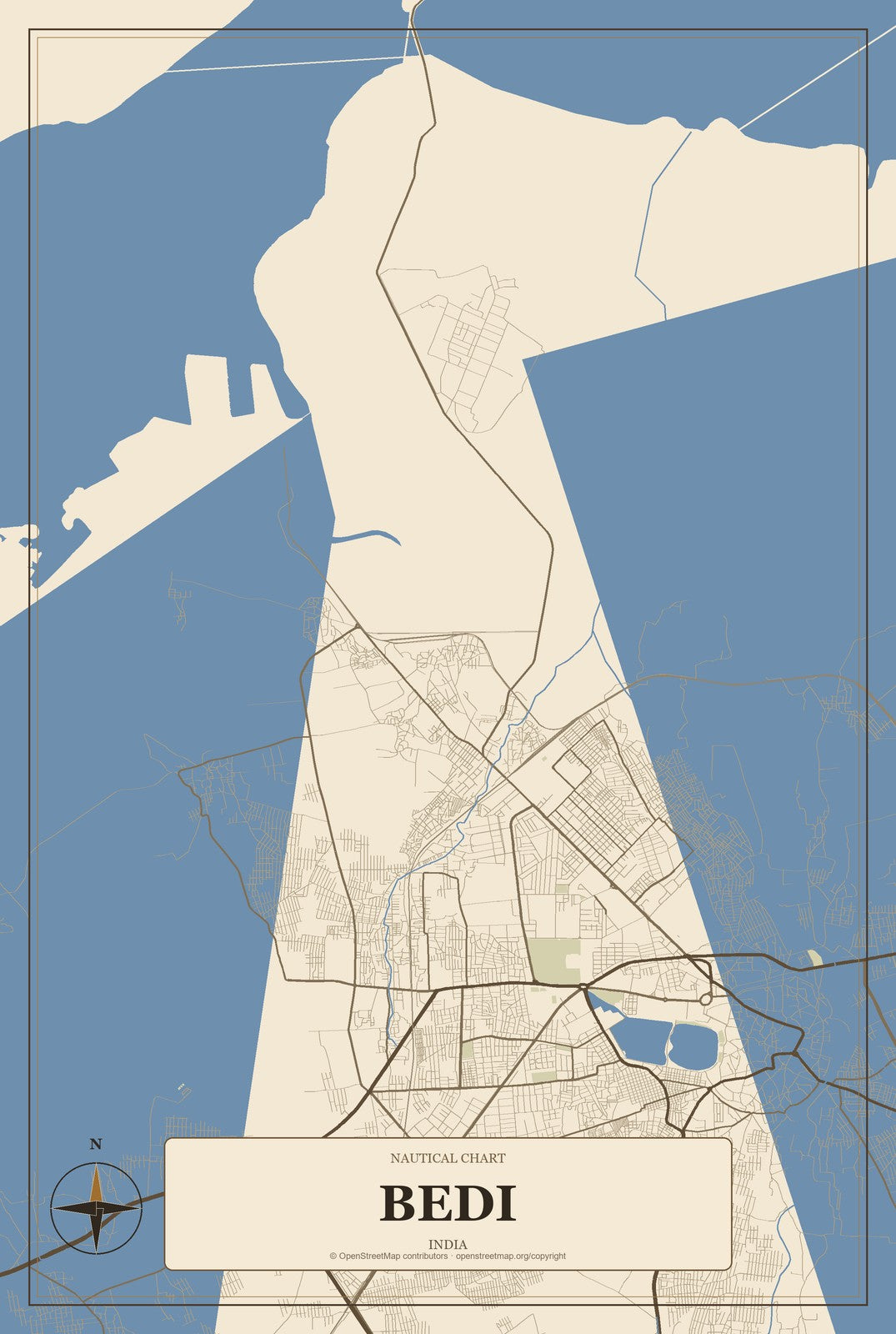 Bedi, India City Map Aluminum Sign in Heritage Nautical style
