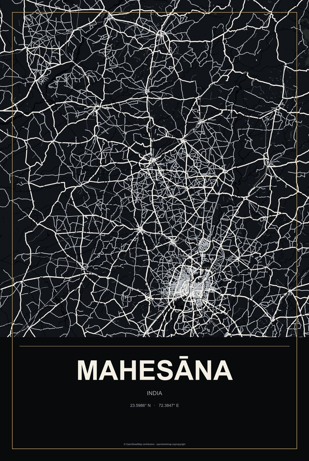 Mahesāna, India City Map Aluminum Sign in Metropolitan Noir style