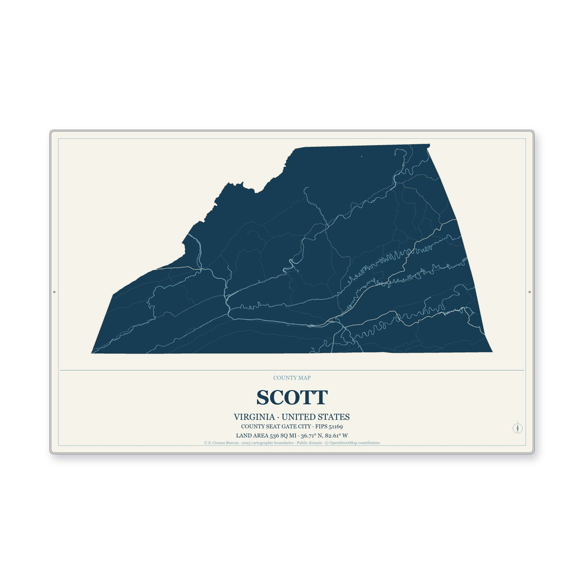 Scott County, Virginia Map Aluminum Sign in Coastal Cutout style