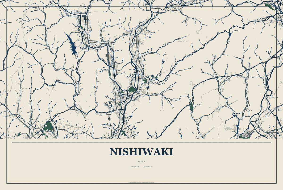 Nishiwaki, Japan City Map Aluminum Sign in Coastal Cutout style