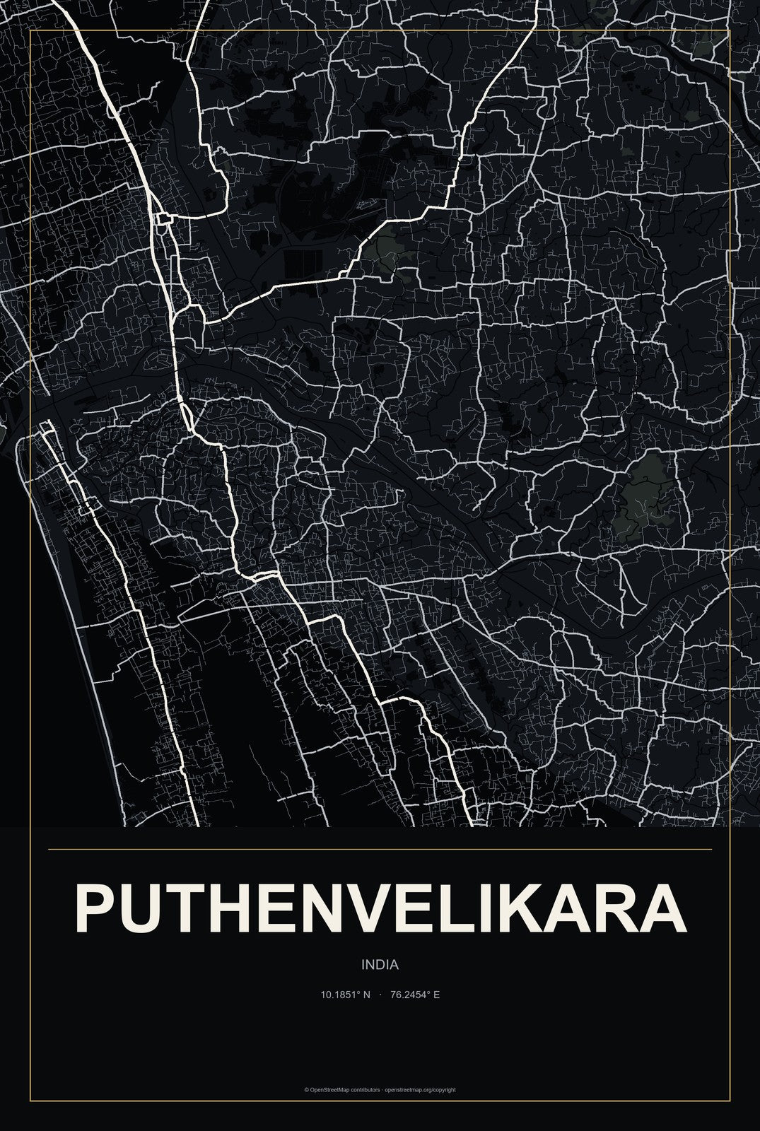 Puthenvelikara, India City Map Aluminum Sign in Metropolitan Noir style