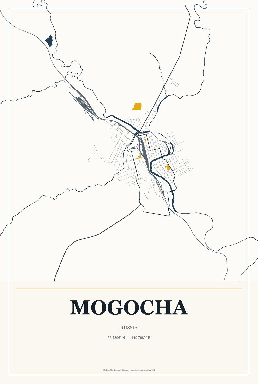 Mogocha, Russia City Map Aluminum Sign in Citrine Modern style