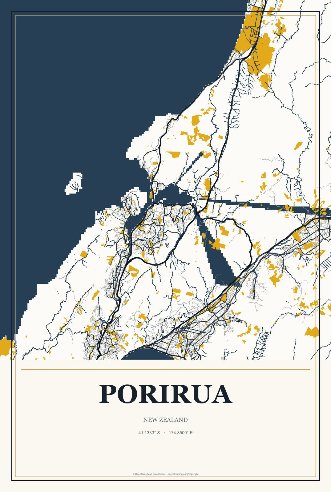 Porirua, New Zealand City Map Aluminum Sign in Citrine Modern style