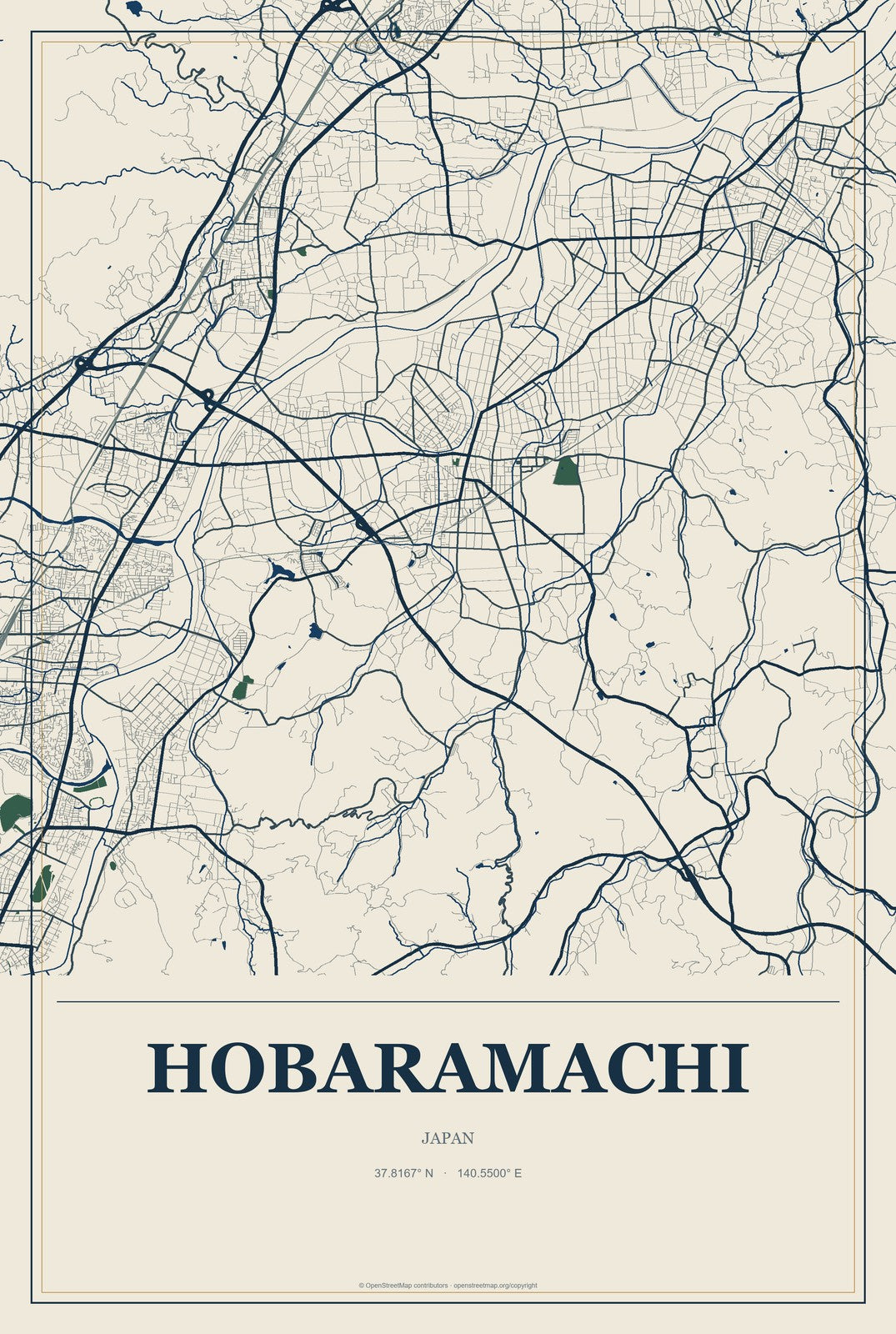 Hobaramachi, Japan City Map Aluminum Sign in Coastal Cutout style