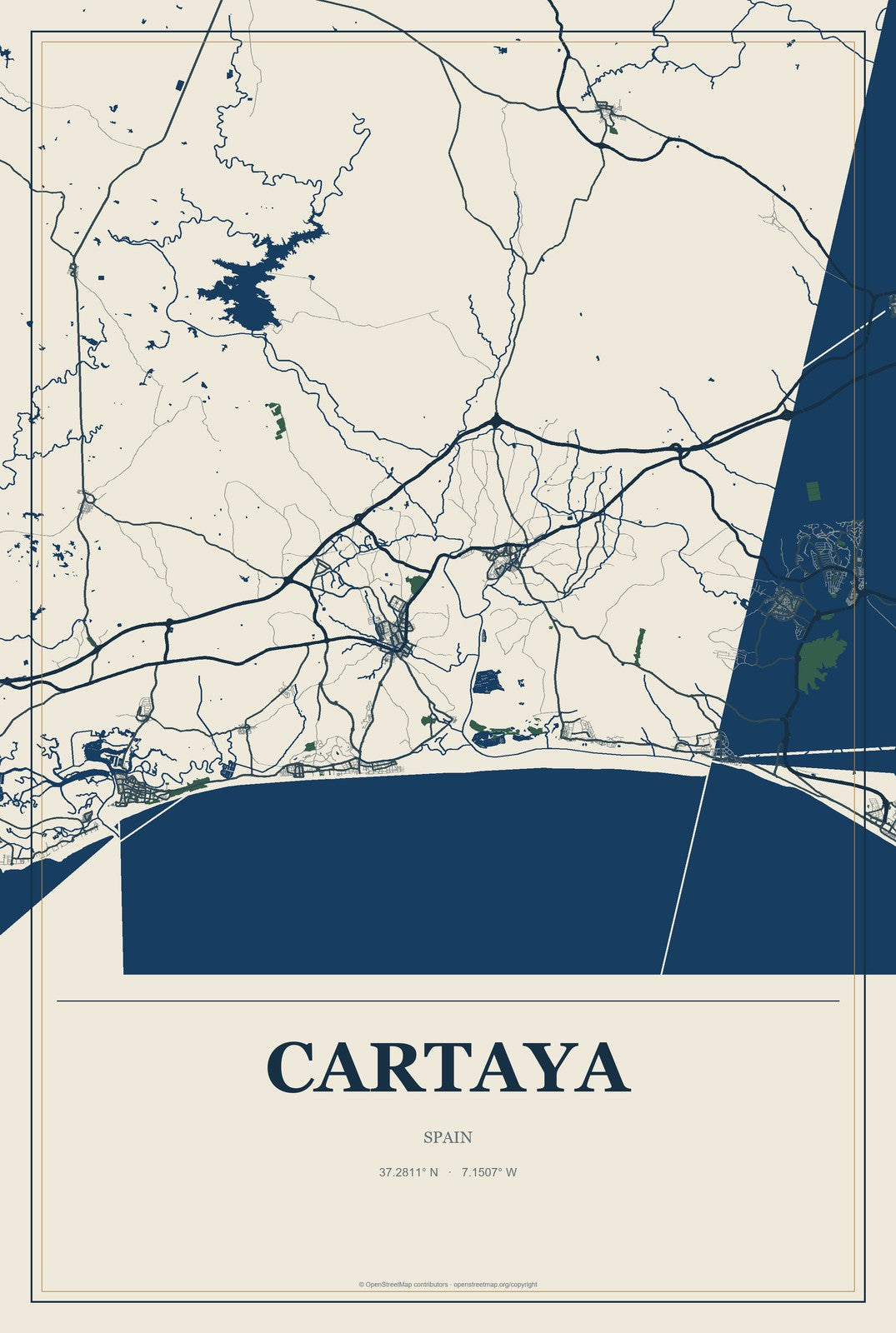 Cartaya, Spain City Map Aluminum Sign in Coastal Cutout style