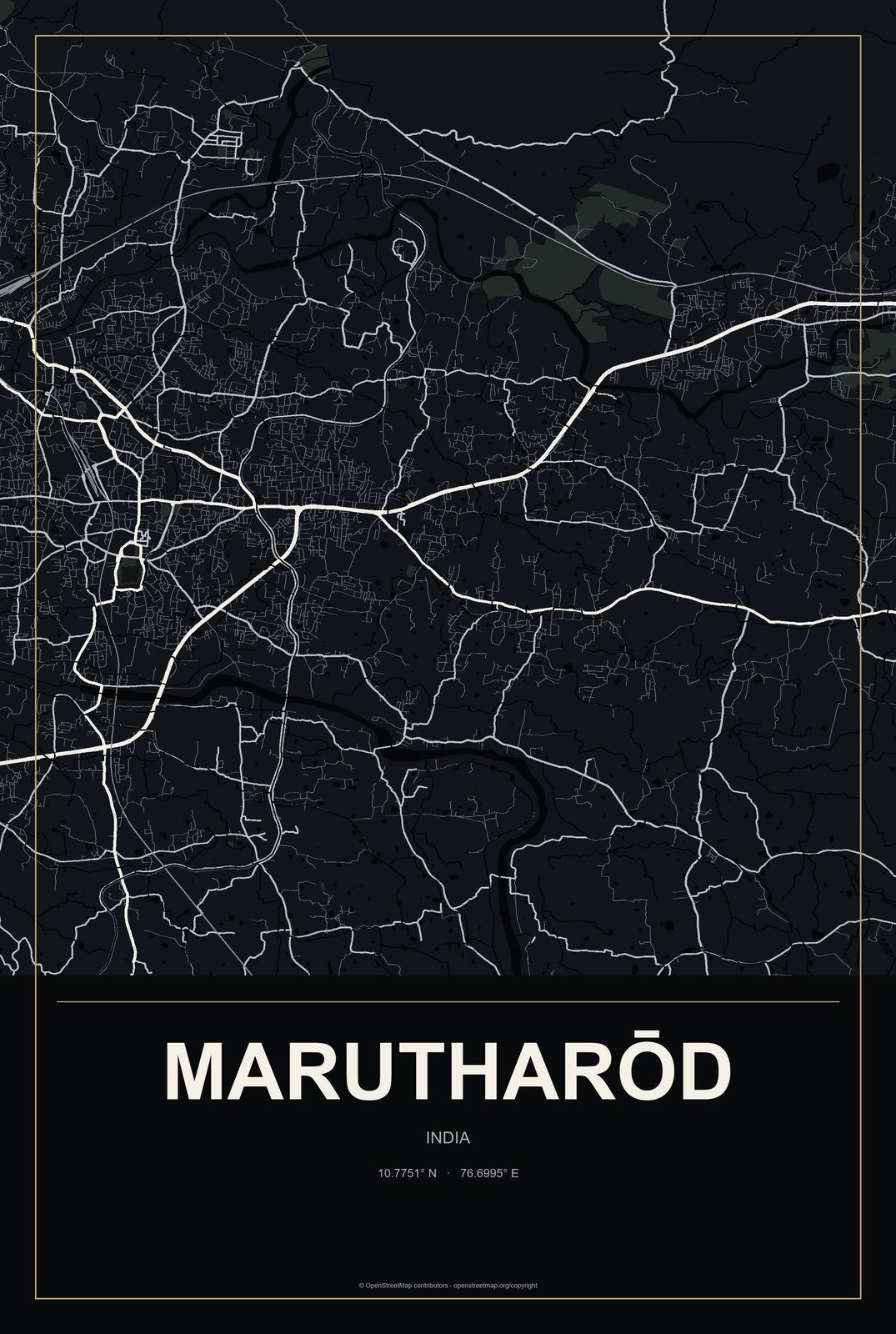 Marutharōd, India City Map Aluminum Sign in Metropolitan Noir style