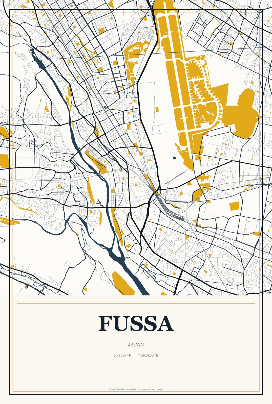 Fussa, Japan City Map Aluminum Sign in Citrine Modern style