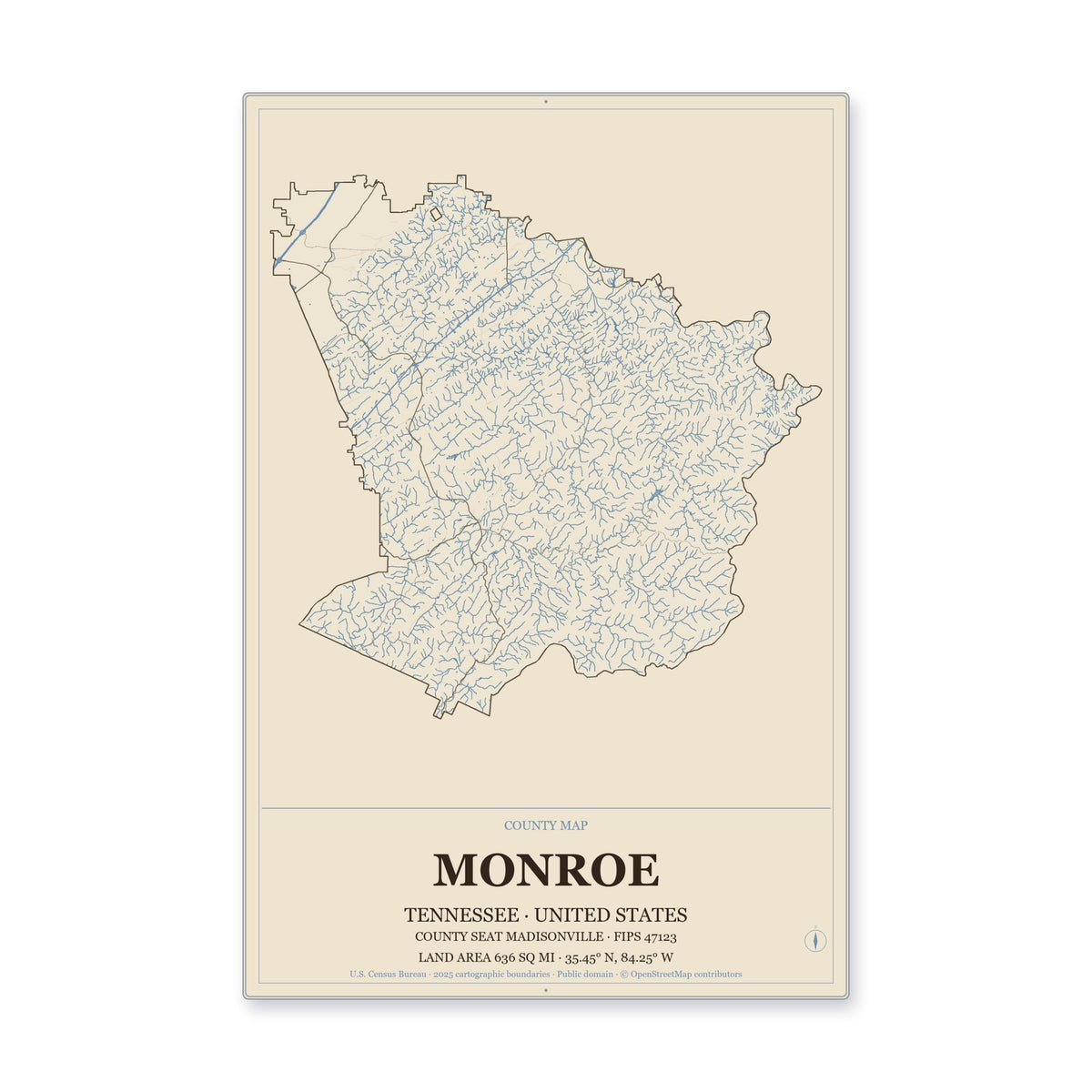 Monroe County, Tennessee Map Aluminum Sign in Heritage Nautical style