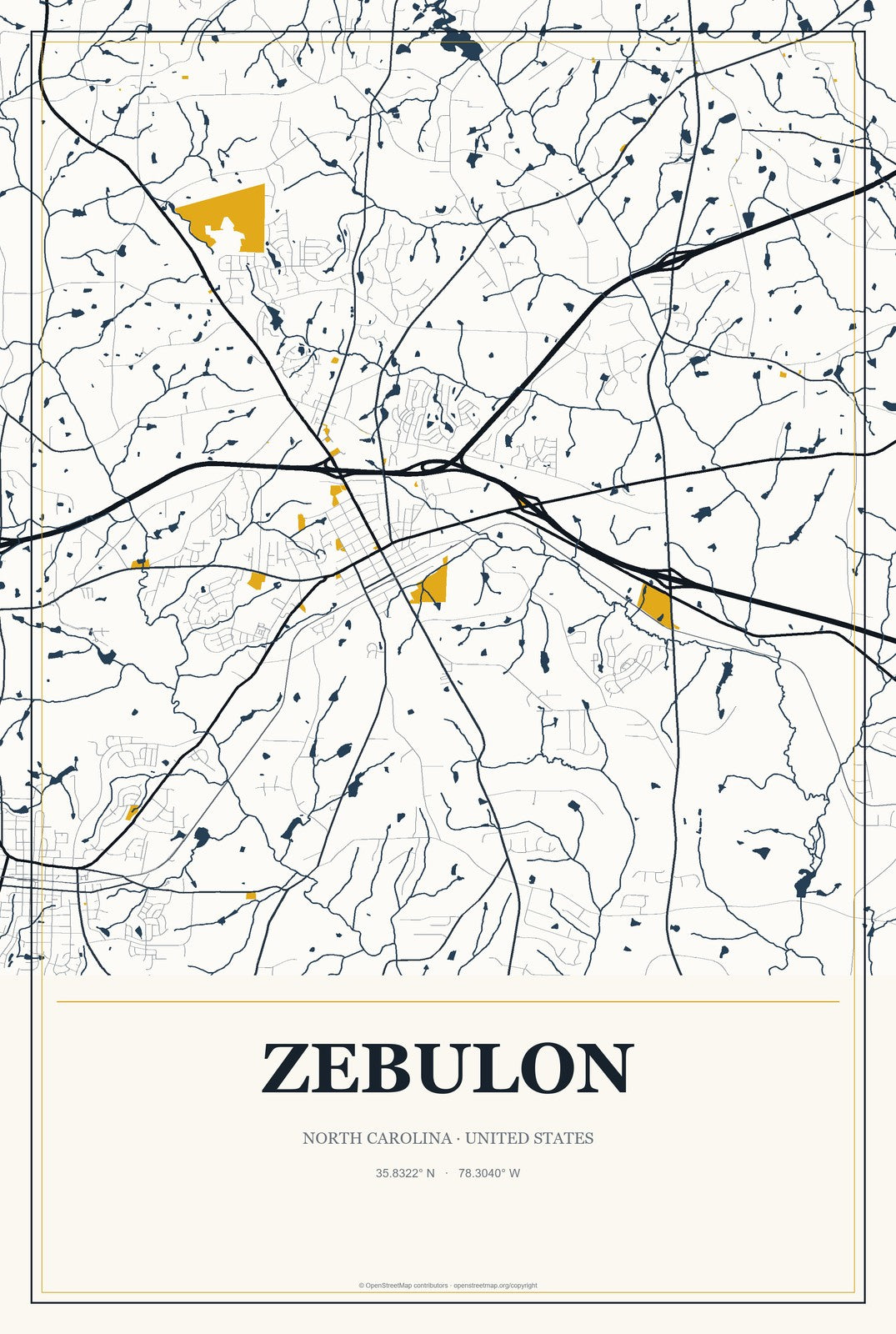 Zebulon, North Carolina City Map Aluminum Sign in Citrine Modern style