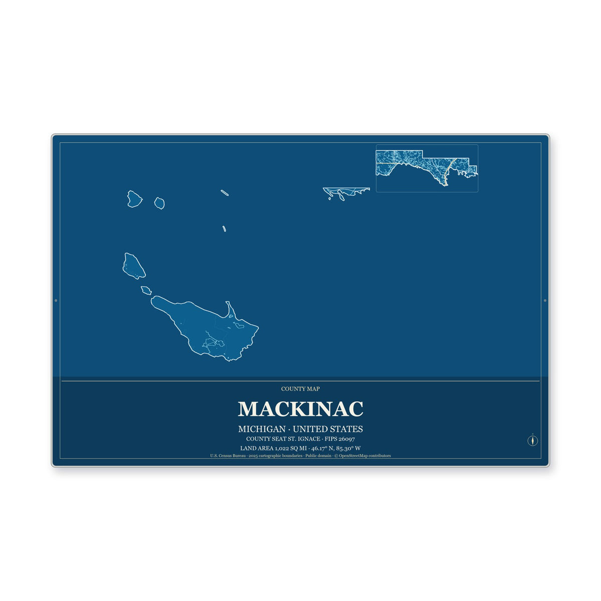 Mackinac County, Michigan Map Aluminum Sign in Harbor Cobalt style