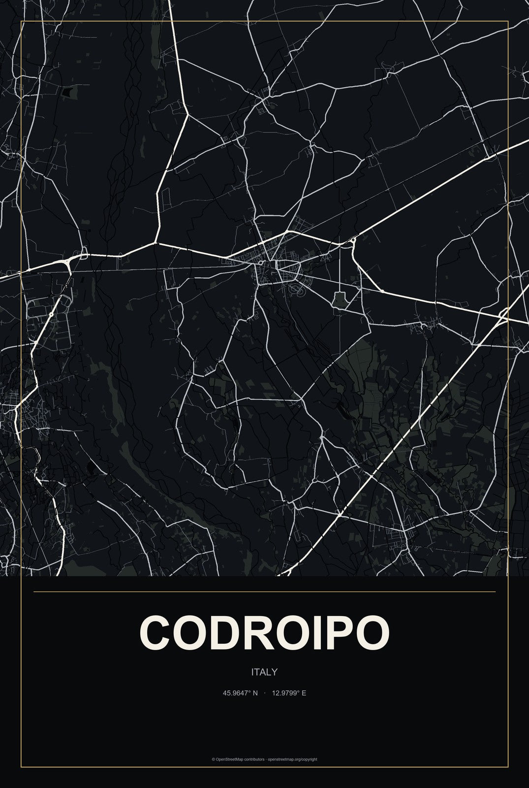 Codroipo, Italy City Map Aluminum Sign in Metropolitan Noir style