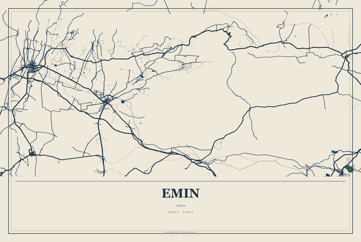 Emin, China City Map Aluminum Sign in Coastal Cutout style
