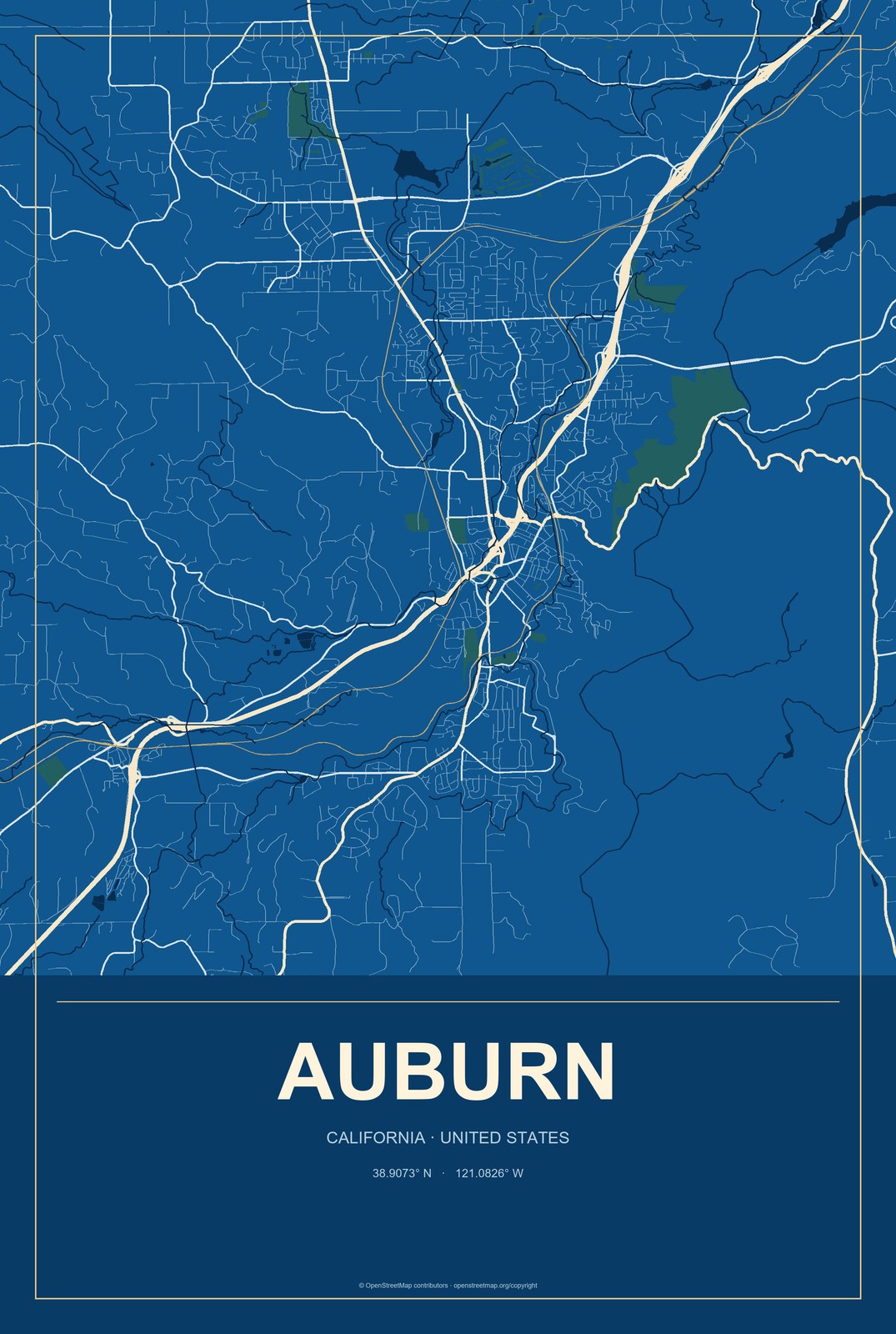 Auburn, California City Map Aluminum Sign in Harbor Cobalt style