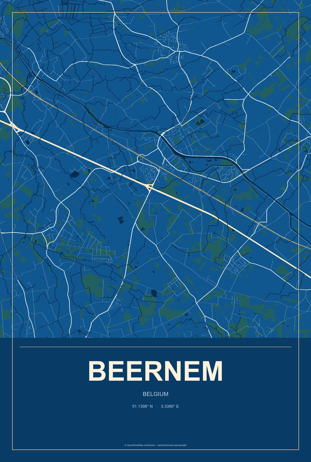 Beernem, Belgium City Map Aluminum Sign in Harbor Cobalt style