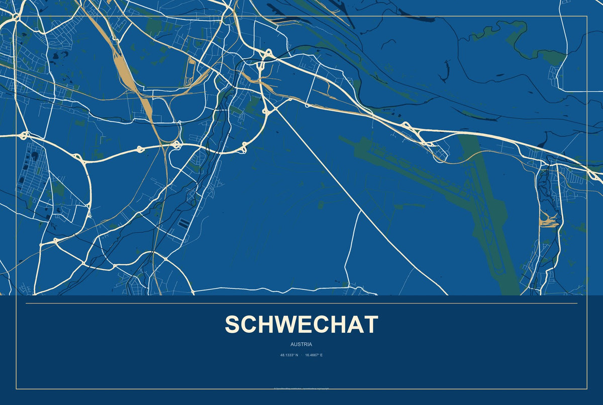 Schwechat, Austria City Map Aluminum Sign in Harbor Cobalt style