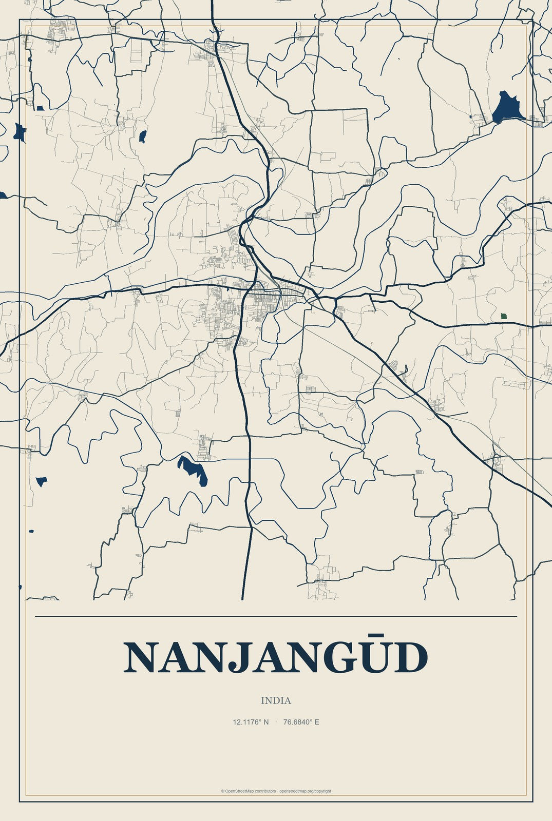 Nanjangūd, India City Map Aluminum Sign in Coastal Cutout style