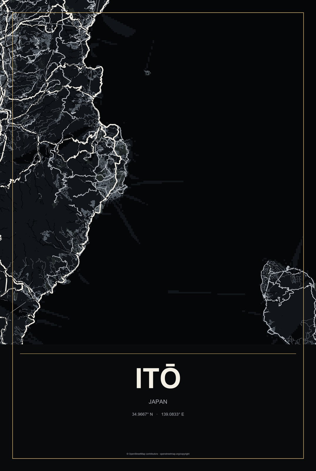 Itō, Japan City Map Aluminum Sign in Metropolitan Noir style