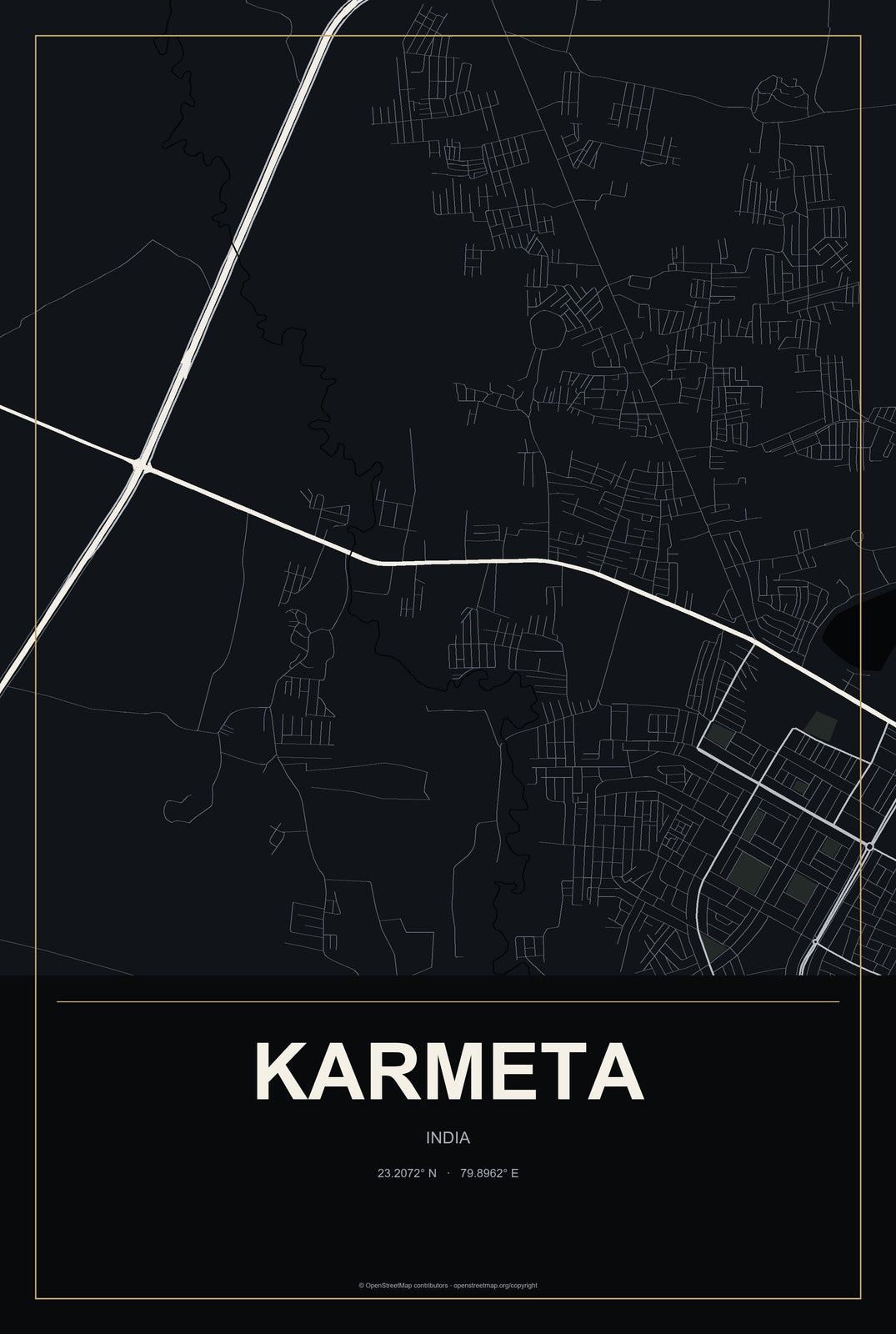 Karmeta, India City Map Aluminum Sign in Metropolitan Noir style