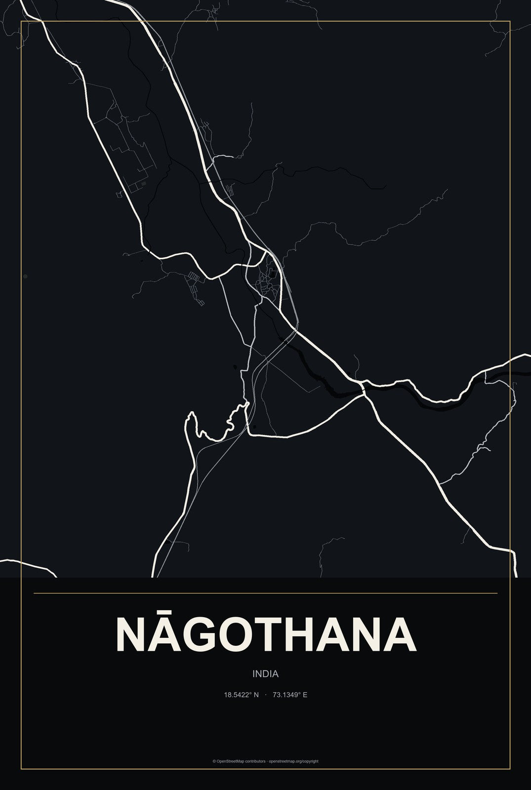 Nāgothana, India City Map Aluminum Sign in Metropolitan Noir style