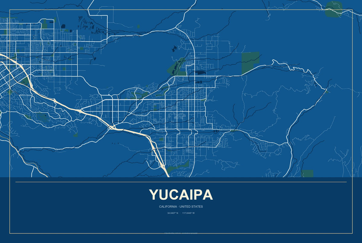 Yucaipa, California City Map Aluminum Sign in Harbor Cobalt style